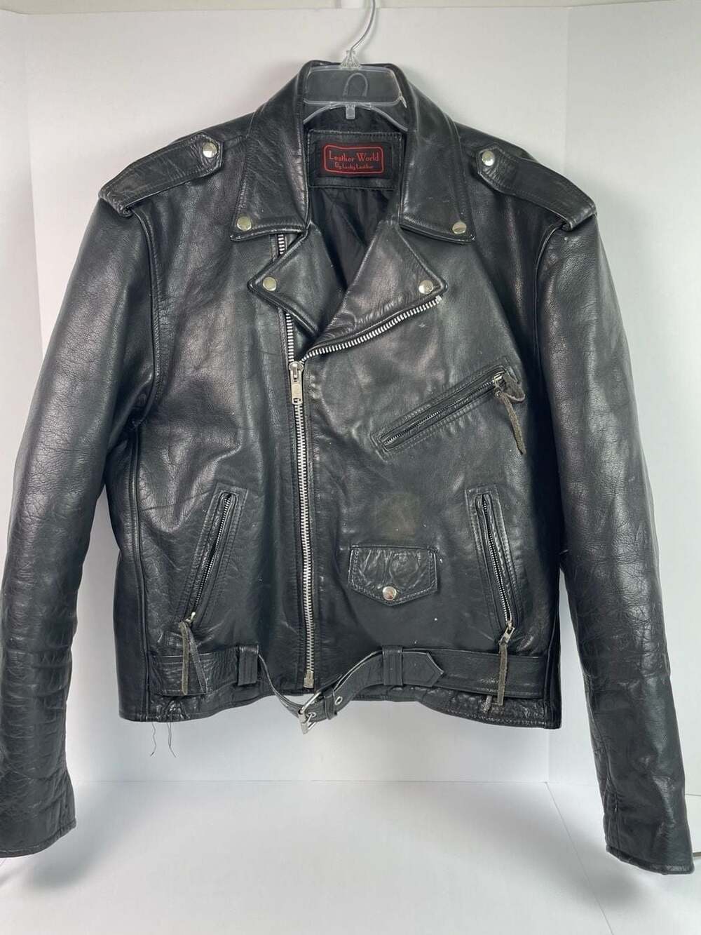 Vintage Black Leather Biker Jacket, Lucky Leather, Men's Heavyweight Moto - XXL
